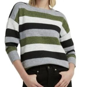 Halston Heritage Striped Crew Neck Sweater in Green and Gray